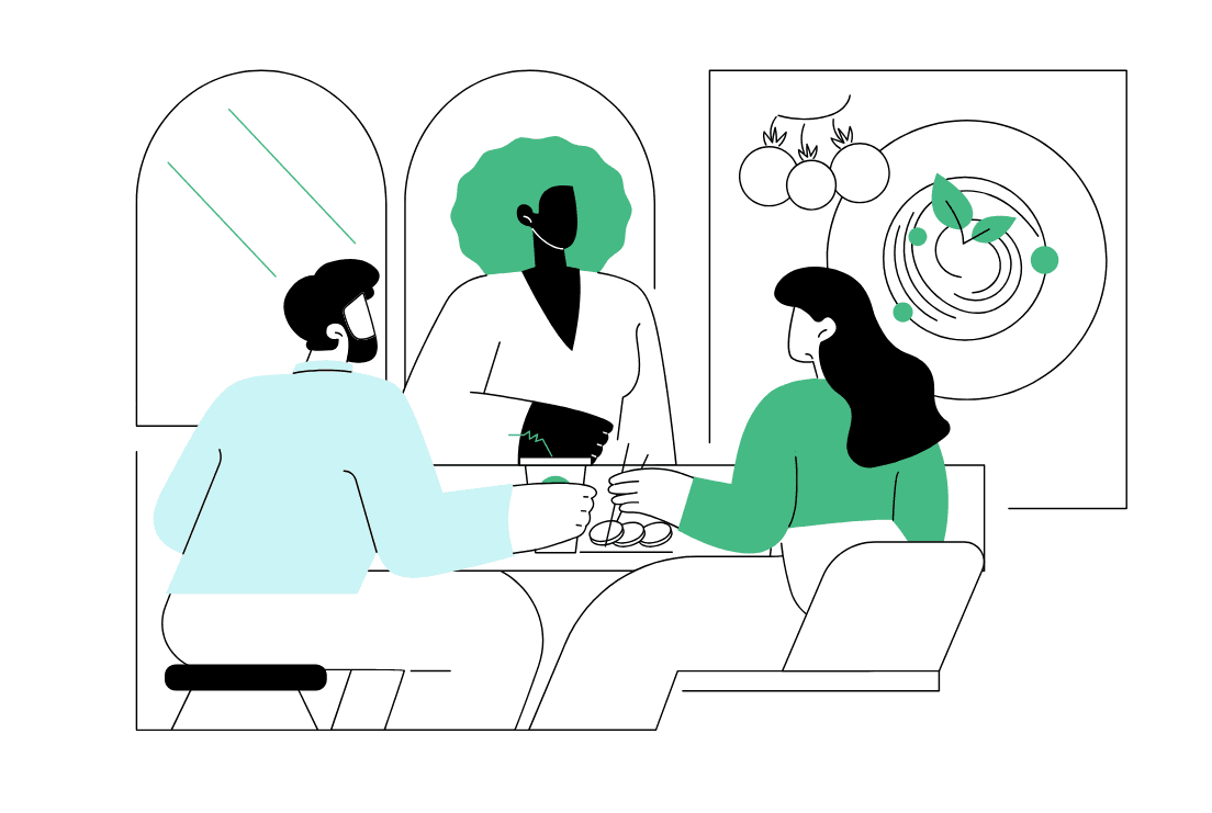 cartoon of accountant discussing personalized accounting solutions over lunch